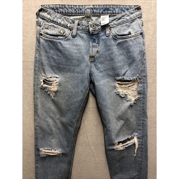 H&M Denim Boyfriend Jeans 25/32 Low Waist Tapered Leg Stained Factory Destroyed - Picture 2 of 15